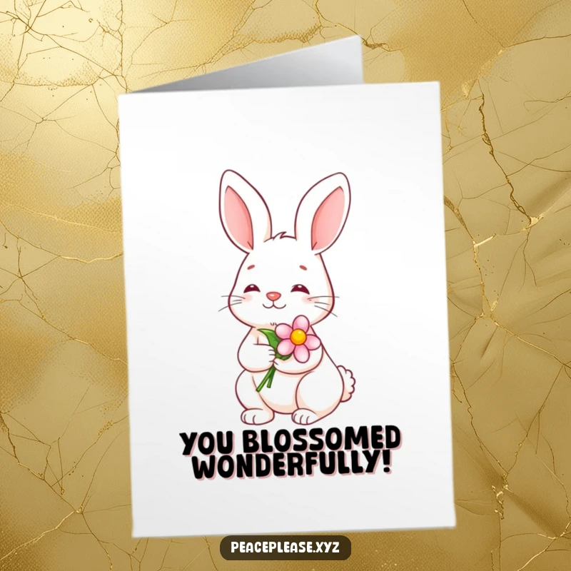 Free Printable Congrats Card: Serene bunny with a calm smile holding a blooming flower, celebrating new beginnings with tranquility.
