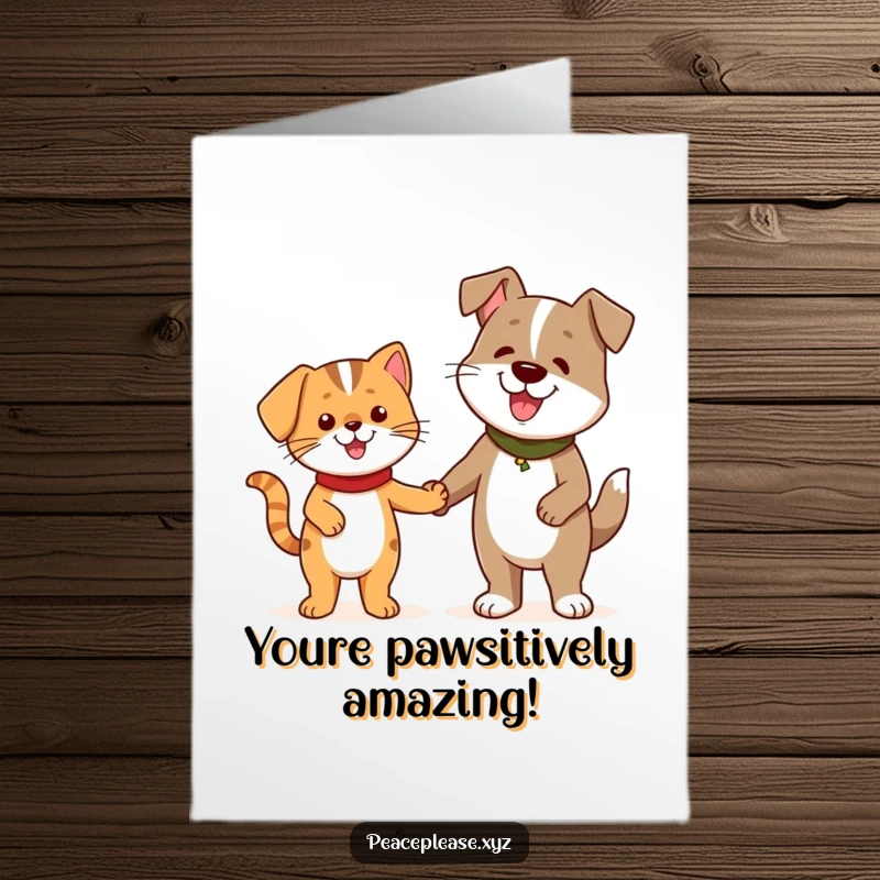 Funny Free Printable Congratulations Card: Cheerful cat character holding hands with a friendly dog, celebrating shared success.