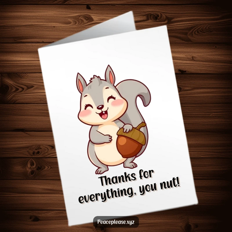 Free Printable Thank You Card: A happy squirrel offers a ripe acorn, conveying thanks with a charming woodland theme.