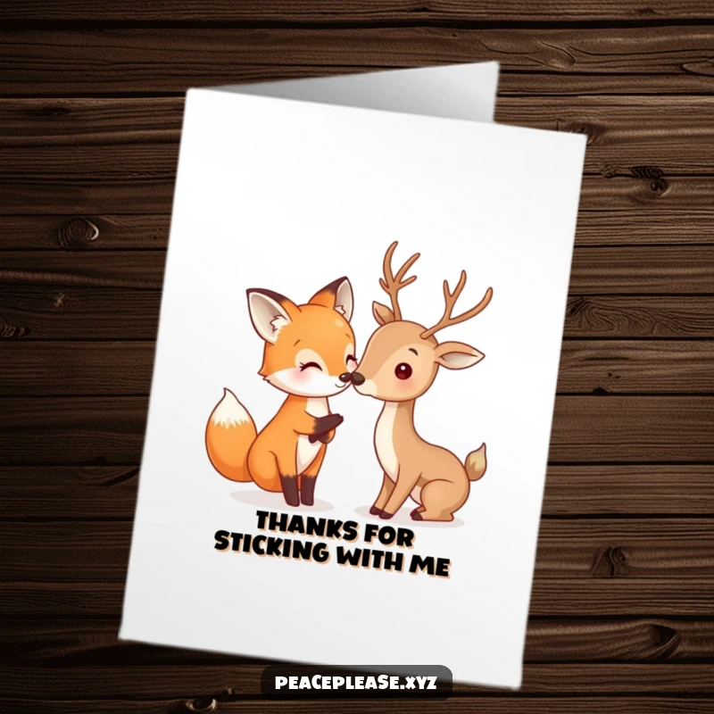 Funny Free Printable Thank You Card: A friendly fox and deer touch noses, sharing a moment of heartfelt appreciation.