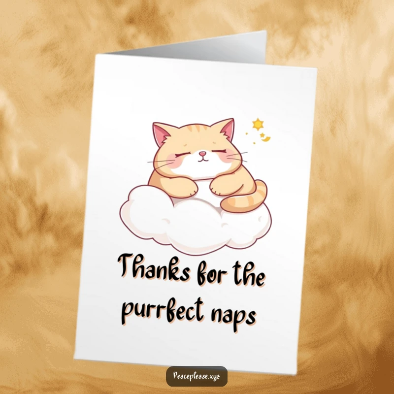 Funny Free Printable Thank You Card: Plump cat napping on cloud, dreaming, a sweet and humorous thank you.