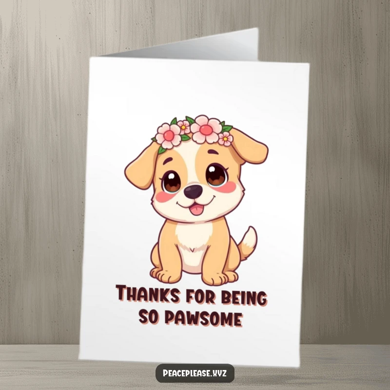 Funny Free Printable Thank You Card: A dog wearing a flower crown wags its tail, conveying sweet, funny gratitude, easily printable.
