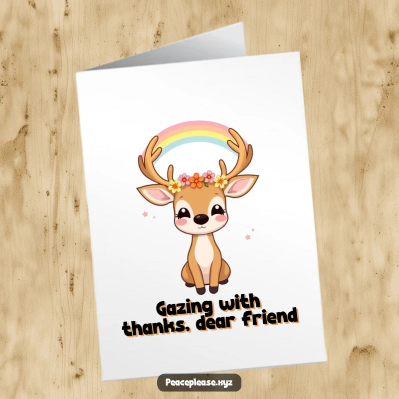 Free Printable Thank You Card: Joyful deer with flowers in antlers gazes at rainbow, serene thanks art.
