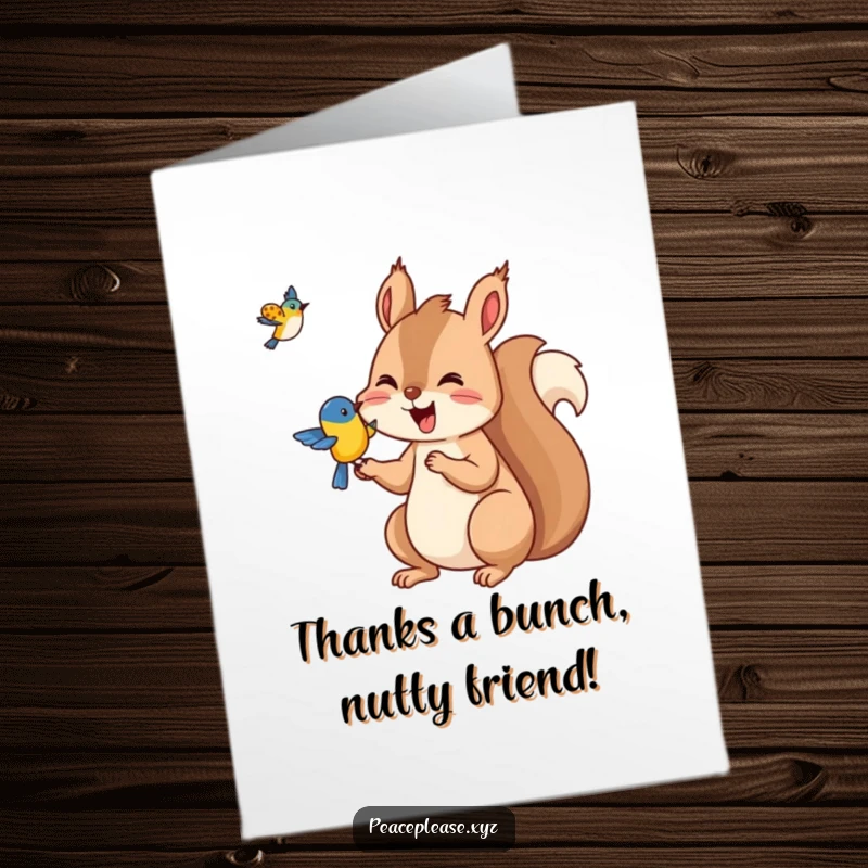 Funny Free Printable Thank You Card: A thankful squirrel offers nuts, expressing deep gratitude with a cute gesture.
