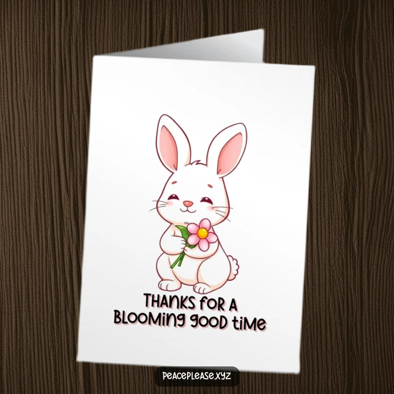 Free Printable Thank You Card: Serene bunny with a calm smile holding a blooming flower, expressing heartfelt gratitude peacefully.