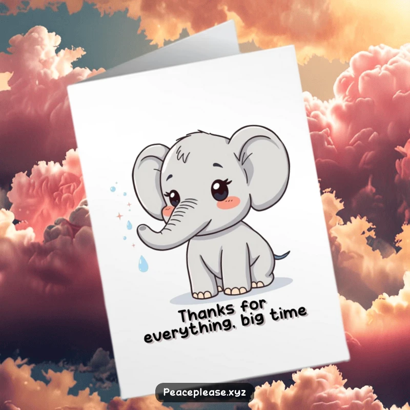 Funny Free Printable Thank You Card with a cute elephant spraying a gentle mist of sparkling water, expressing sincere thanks.