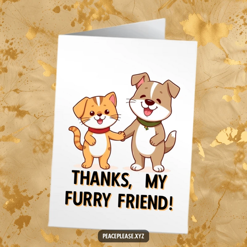 Funny Free Printable Thank You Card: Cheerful cat character holding hands with a friendly dog, expressing thanks.
