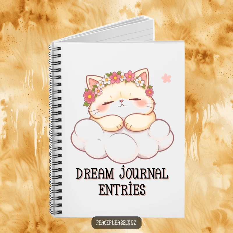 Funny plump cat wearing flower crowns, snoozing on a cloud, holding a gentle breeze on a notebook cover, inspiring peaceful writing.