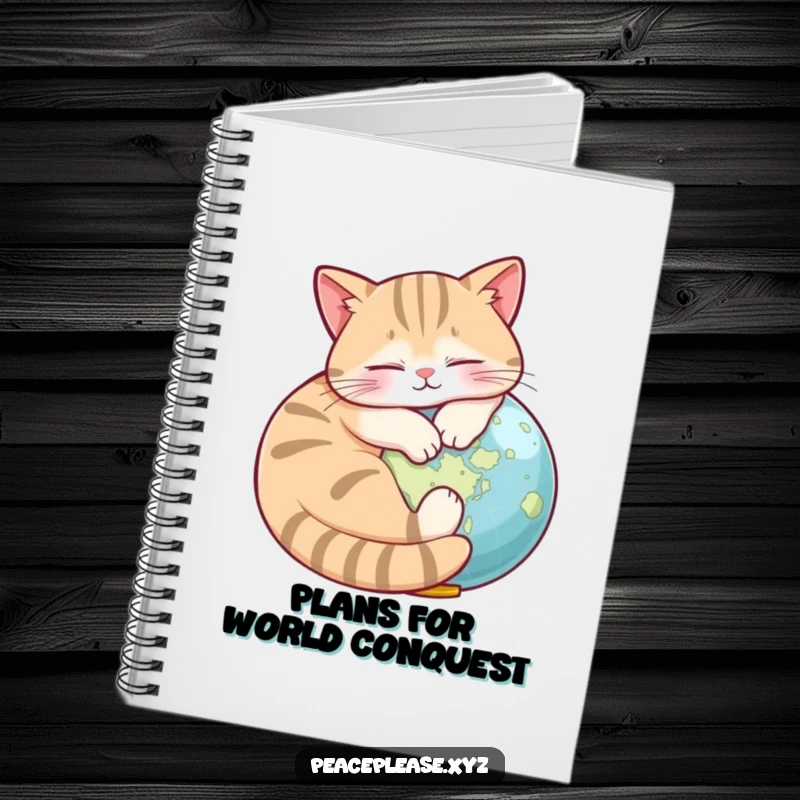 Funny Notebook with a napping cat around a globe, perfect for jotting down travel plans and humorous musings.
