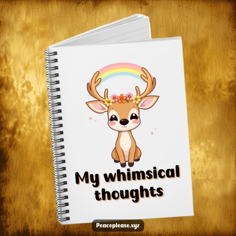 Funny notebook cover art of a joyful deer with flowers in its antlers gazing serenely at a rainbow, ideal for journaling.