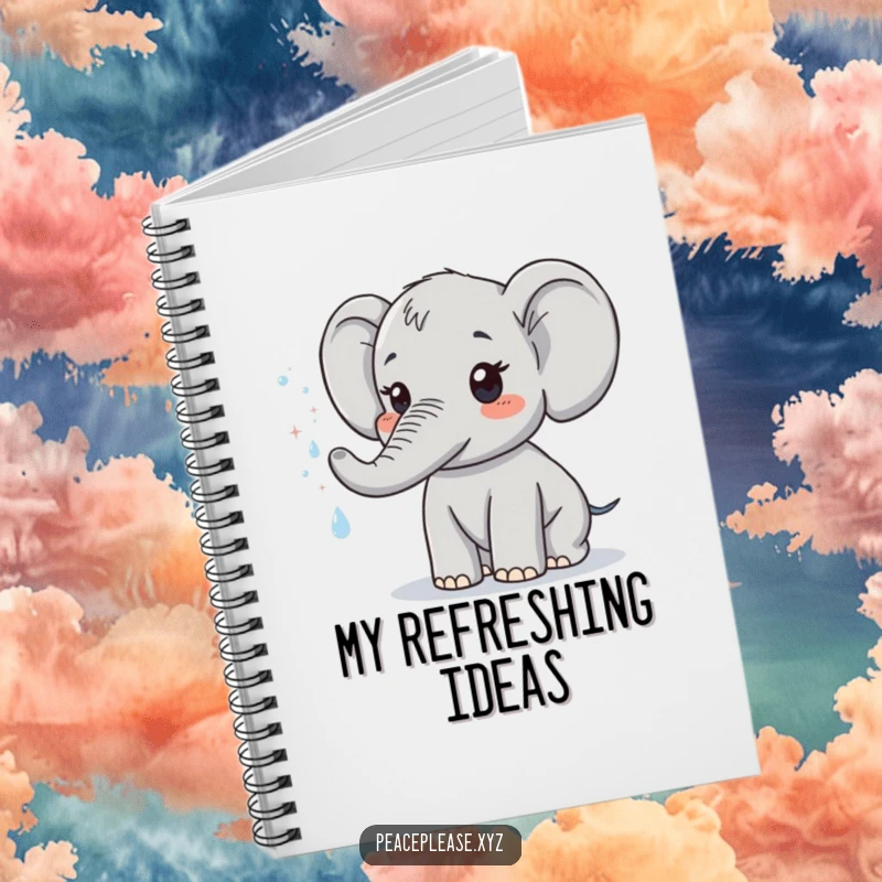 Funny notebook with a cute elephant character spraying a mist of sparkling water, perfect for notes. A humorous stationery gift.