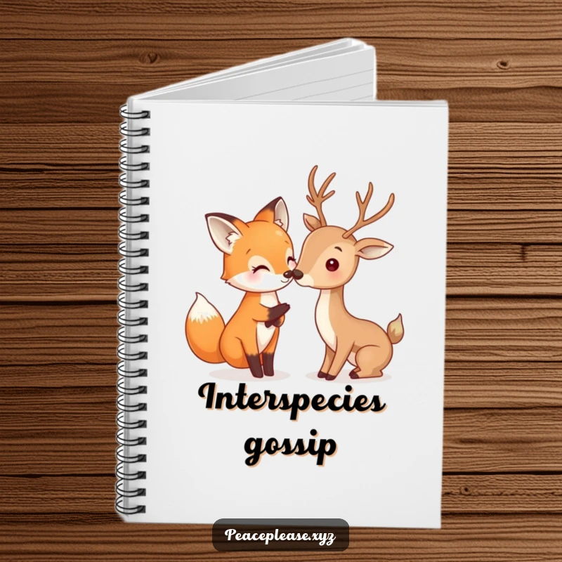 Funny Fox and Deer notebook featuring a happy fox gently touching noses with a deer, a humorous journal for nature enthusiasts.