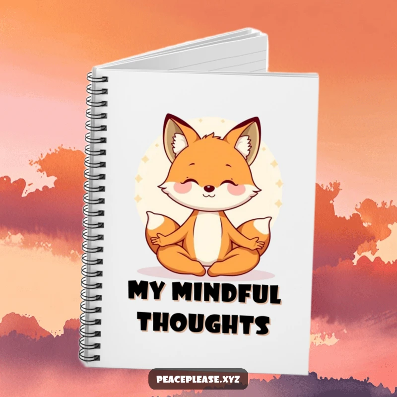 Funny notebook with a smiling fox meditating in lotus pose, emitting a serene aura, perfect for journaling. A humorous stationery gift.
