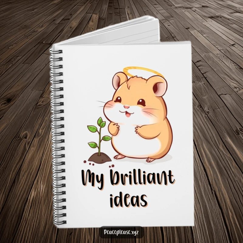 Funny notebook with a contented hamster wearing a halo, offering a tiny sprout to a seedling, perfect for capturing kind thoughts.