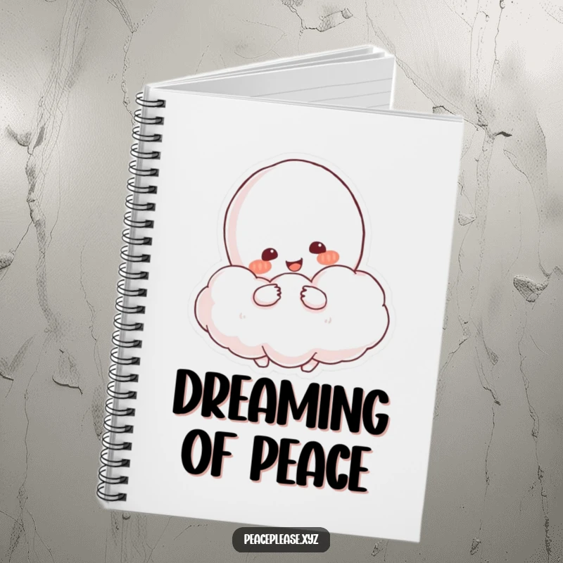Funny Notebook with a resolved character hugging a fluffy cloud shaped like a peace symbol.