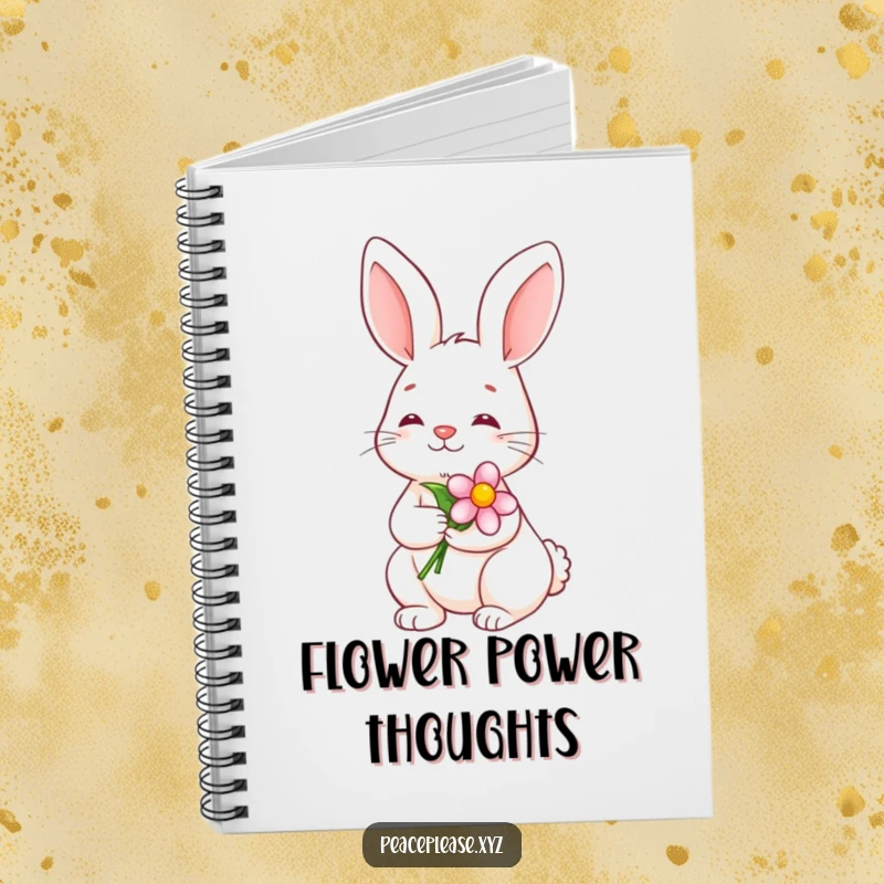 Funny Notebook with a serene bunny holding a blooming flower with a calm smile, ideal for notes and calm thoughts.