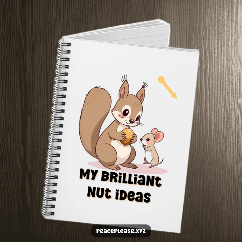 Funny notebook cover illustration of a curious squirrel offering a nut to a tiny, trusting mouse, perfect for journaling.