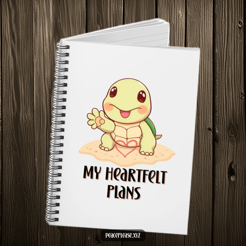 Funny notebook with a happy turtle paw drawing a heart symbol in the sand, perfect for journaling beachside memories.