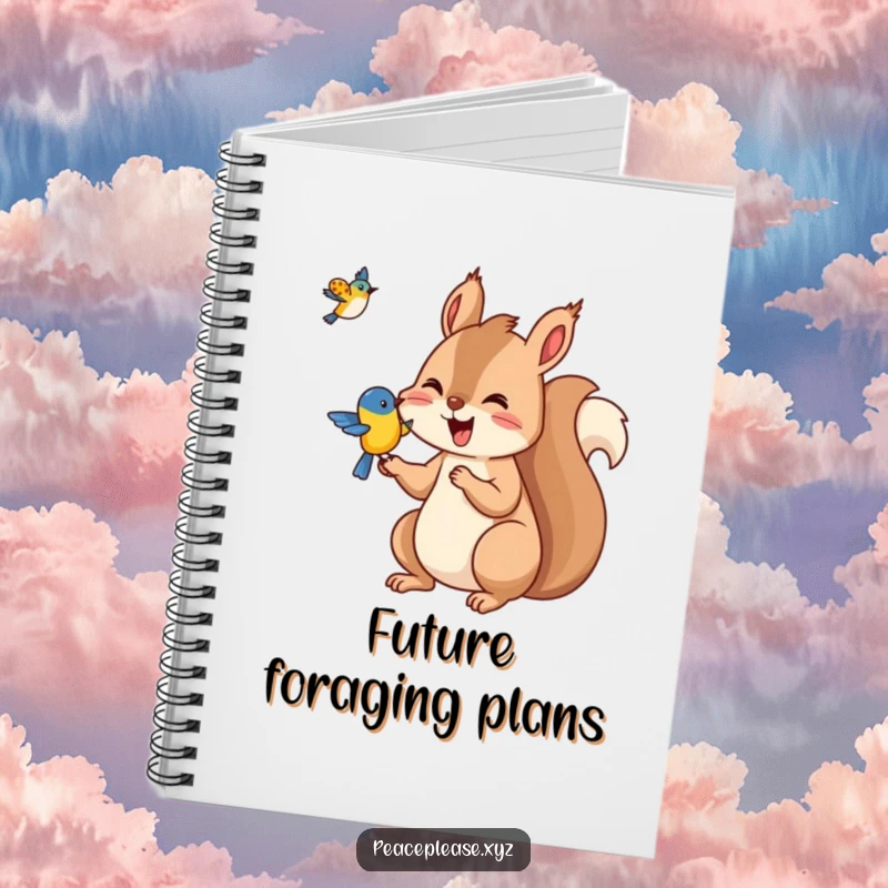 Funny Squirrel notebook featuring a joyful squirrel offering nuts to a bird, a humorous journal for nature enthusiasts.