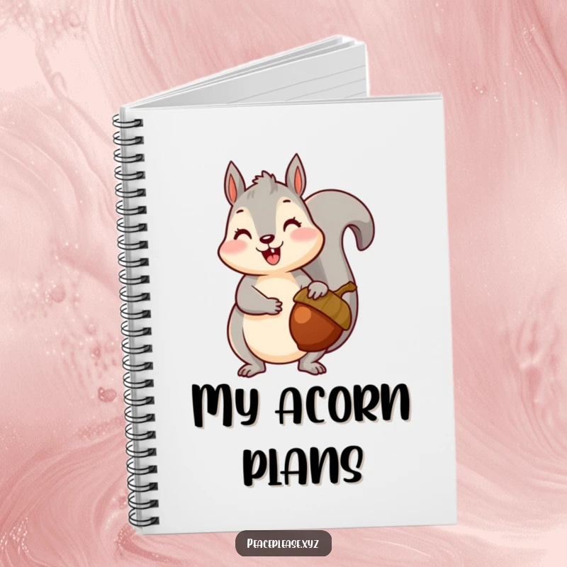 Notebook with a happy squirrel offering a ripe acorn, perfect for jotting down thoughts and plans.