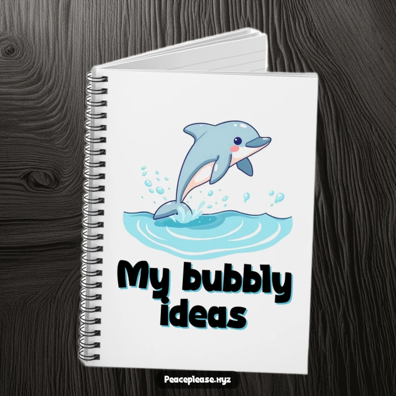 Funny dolphin notebook featuring a playful dolphin leaping from a blue wave with bubbles, perfect for documenting ideas with an oceanic flair.