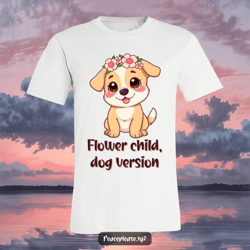 Funny T-Shirt with a playful dog wearing a flower crown and wagging its tail, radiating happiness.