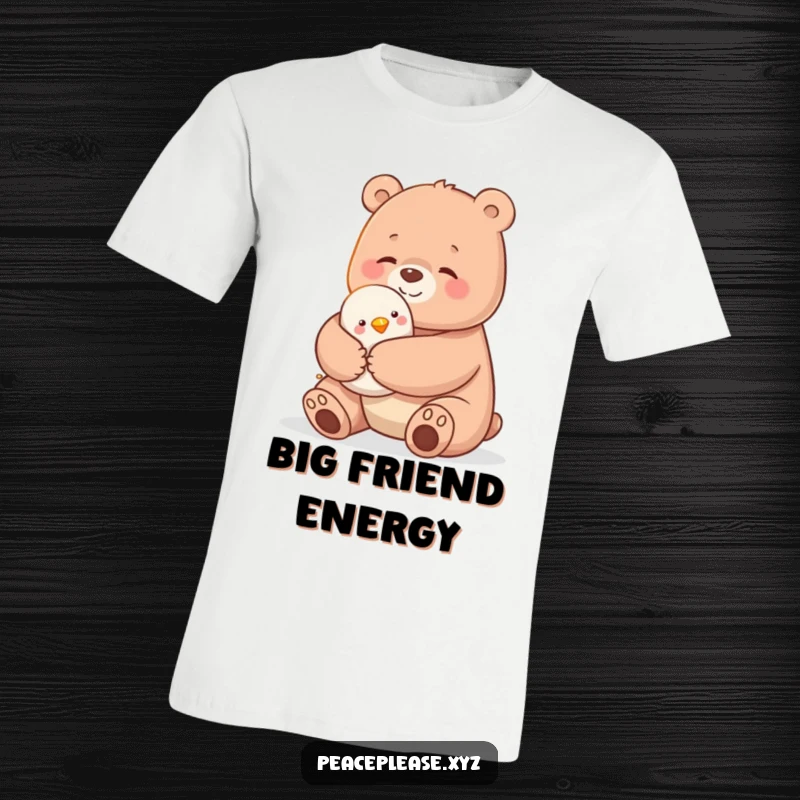 Funny t-shirt featuring a large, gentle bear embracing a small, cheerful bird in a heartwarming display of friendship.