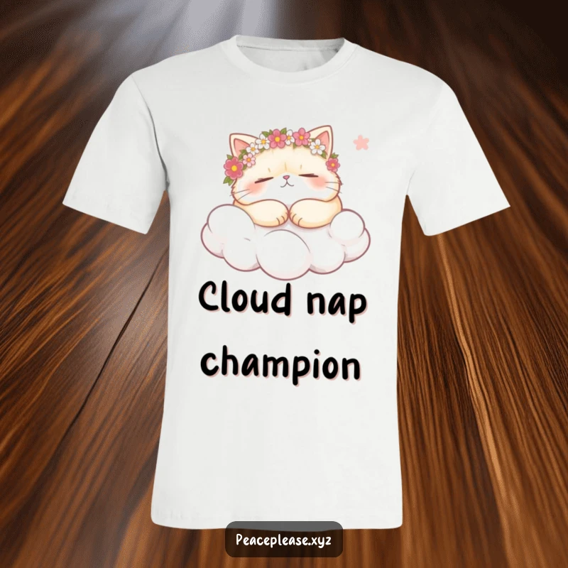 Funny plump cat wearing flower crowns, snoozing on a cloud, holding a gentle breeze on a t-shirt, promoting ultimate comfort.