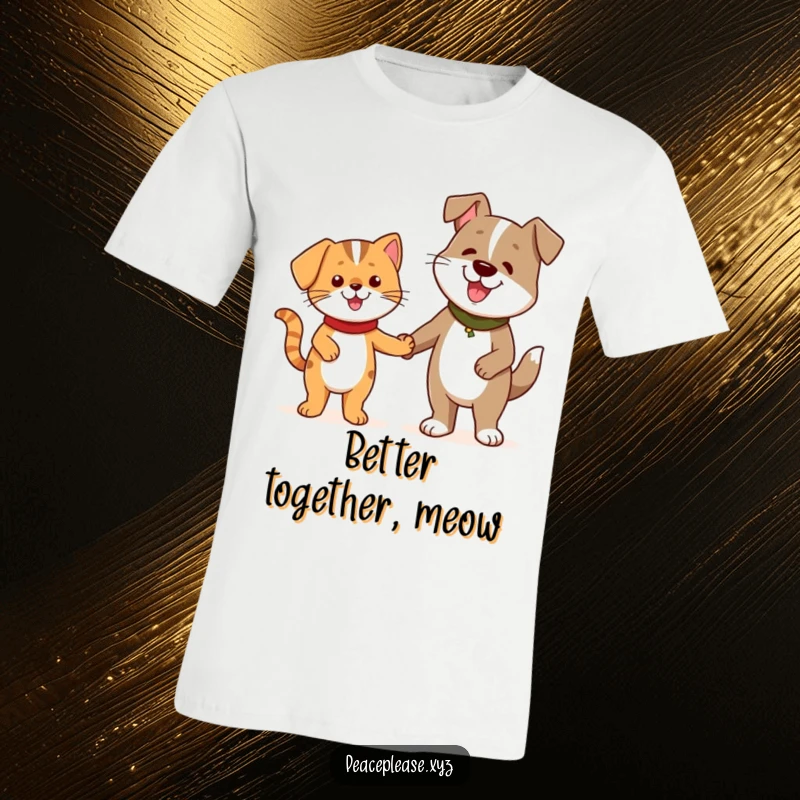 Funny T-Shirt with a cheerful cat character and a friendly dog character holding hands, symbolizing friendship.