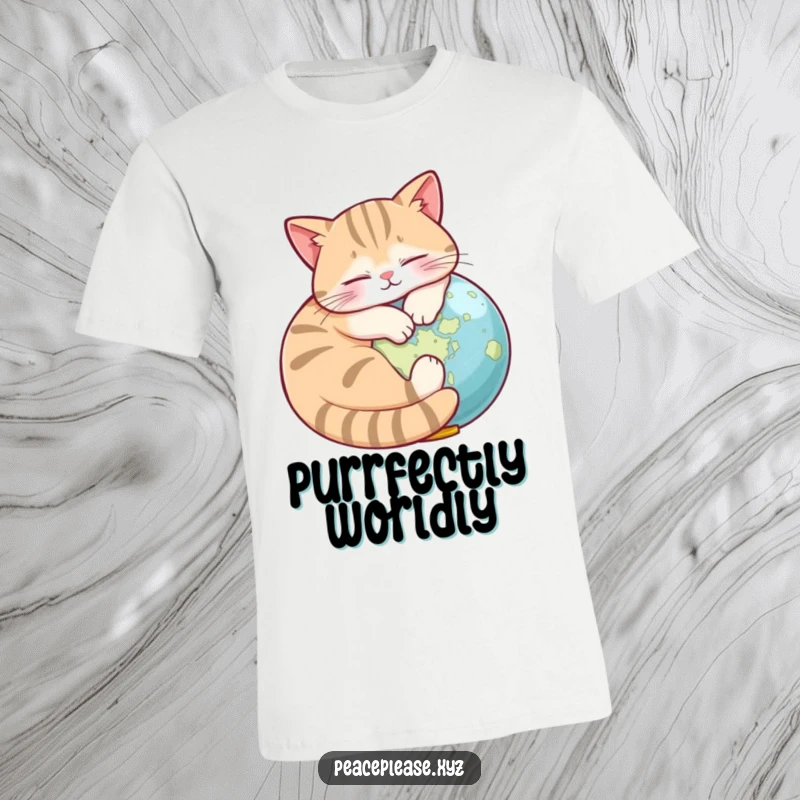 Funny T-Shirt featuring a napping cat curled around a mini globe, symbolizing cozy world exploration and humor.