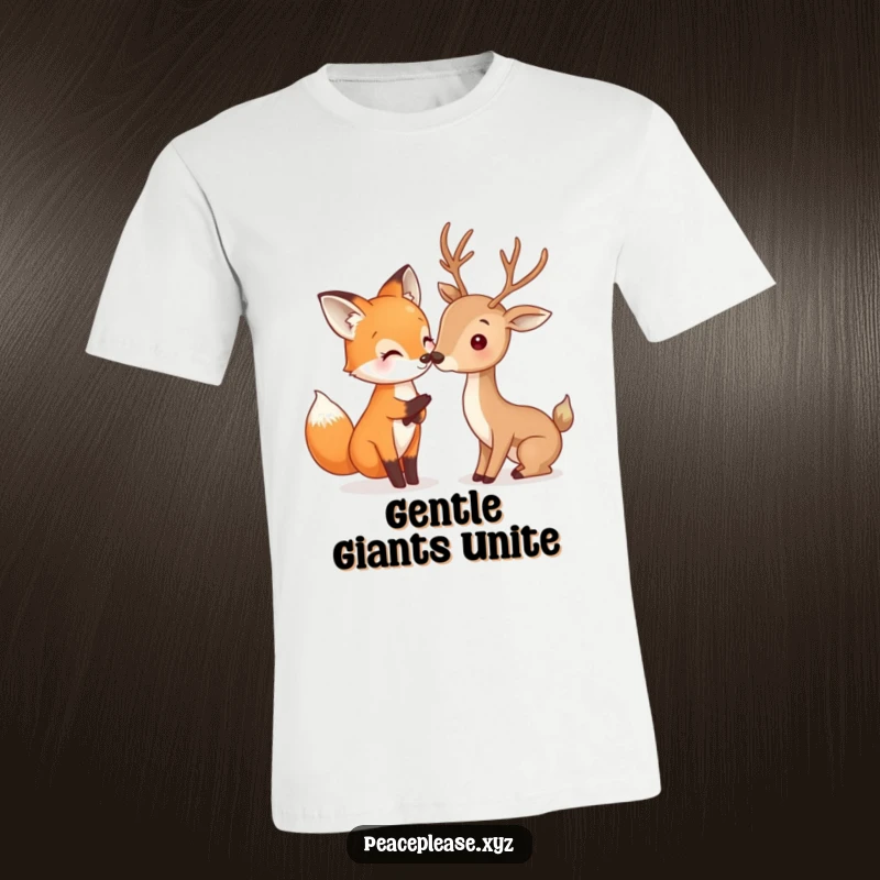 Funny Fox and Deer t-shirt featuring a happy fox gently touching noses with a deer, a humorous and sweet woodland design.