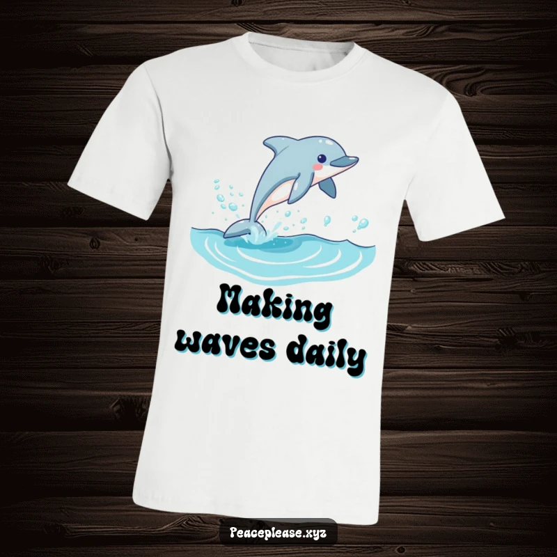 Funny dolphin t-shirt featuring an energetic and playful dolphin jumping high out of a clear blue ocean wave, leaving a path of bubbles.