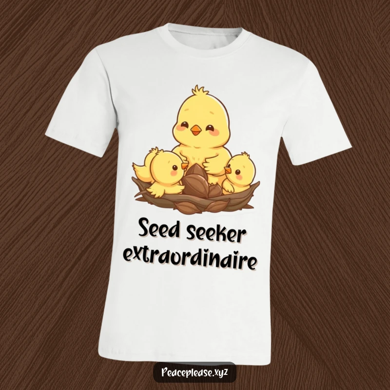 Funny t-shirt graphic of a happy chick pecking a seed surrounded by its siblings in a soft nest.