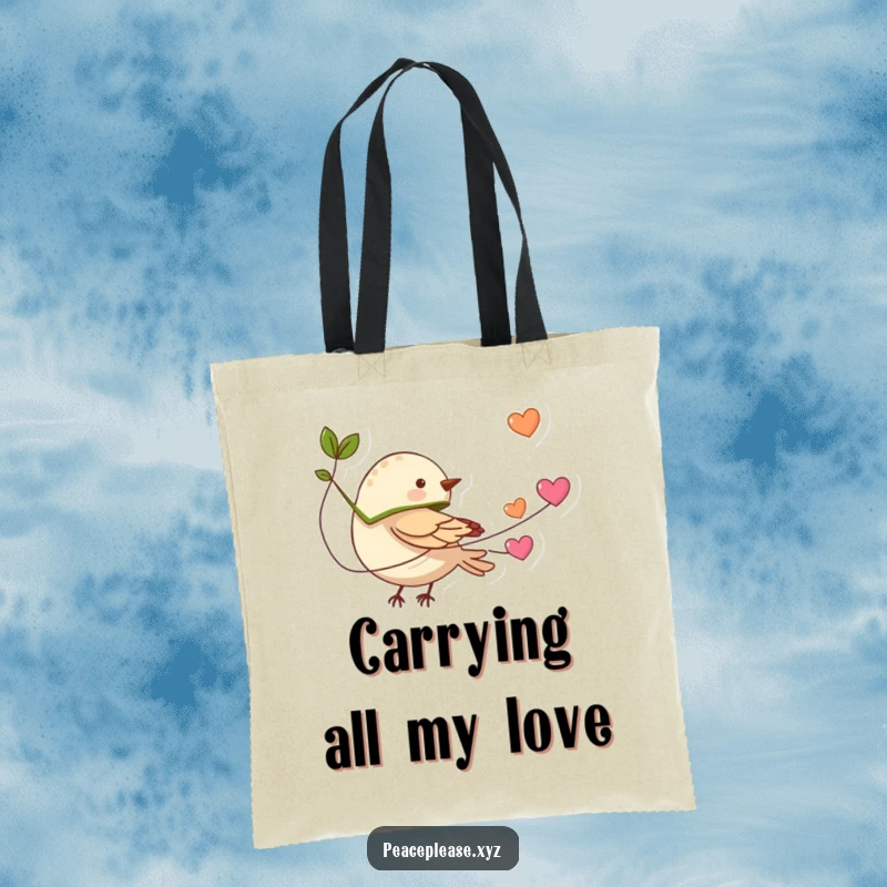 Funny tiny bird with a leaf cape flying with a string of hearts on a durable tote bag, a charming accessory for spreading love.