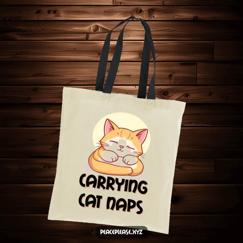 Funny tote bag featuring a contented cat peacefully napping in a warm sunbeam, embodying ultimate relaxation.