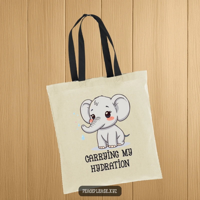 Funny tote bag showcasing a cute elephant character spraying a refreshing mist of sparkling water. A humorous accessory for daily use.