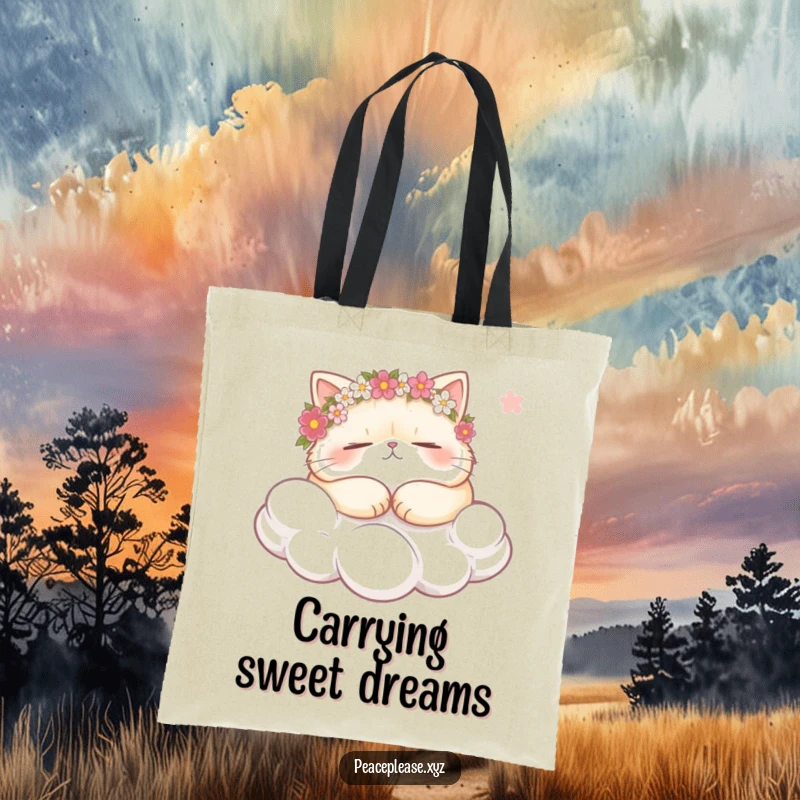 Funny plump cat wearing flower crowns, snoozing on a cloud, holding a gentle breeze on a durable tote bag, a cozy and charming accessory.