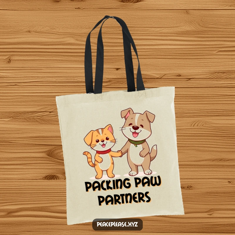 Funny Tote Bag with a cheerful cat and a friendly dog character holding hands, symbolizing friendship.
