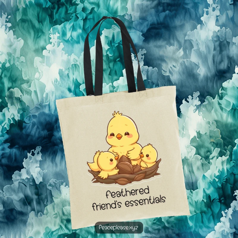 Funny tote bag print of a happy chick pecking a seed amongst its siblings in a nest, perfect for everyday use.