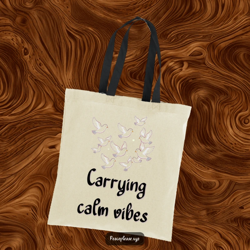 Funny tote bag illustrating a flock of doves flying in a harmonious and peaceful formation, symbolizing hope and unity.