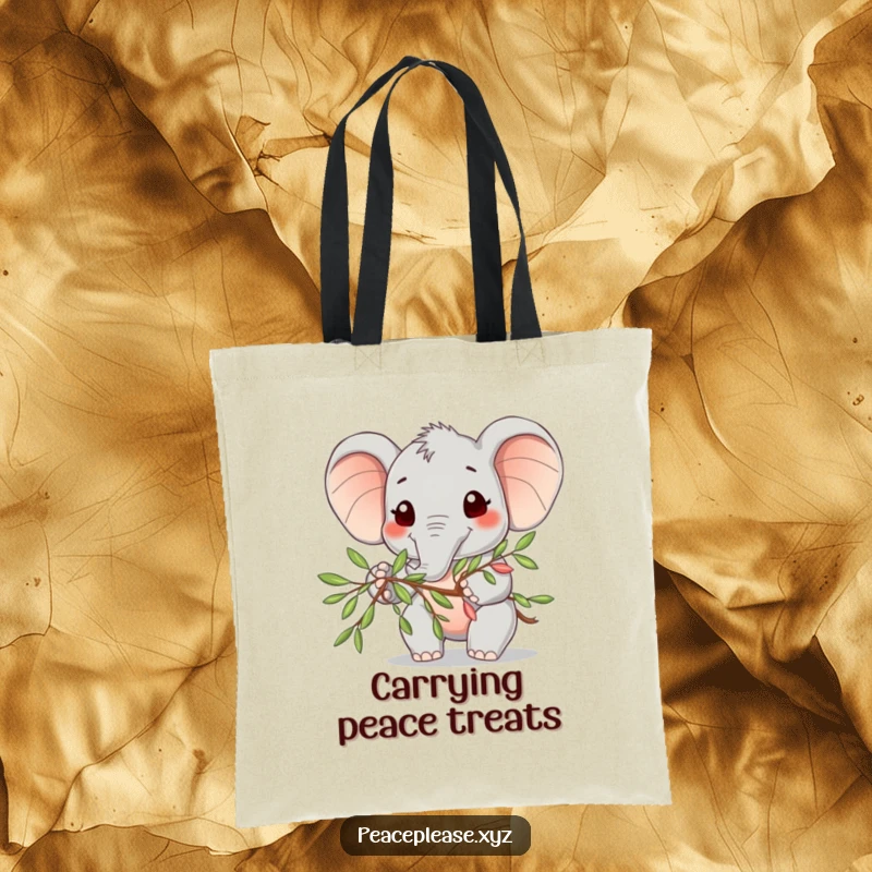 Funny Tote Bag with a cute elephant character smiling and offering an olive branch, promoting peace.