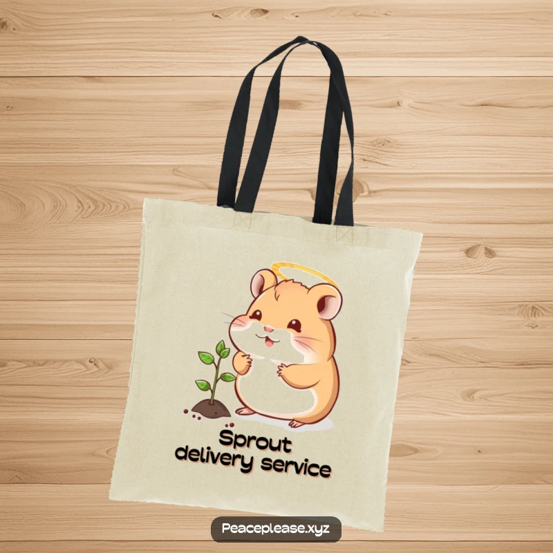 Funny tote bag with a contented hamster wearing a halo, offering a small green sprout to a seedling, symbolizing gentle giving.