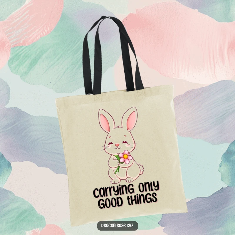 Funny Tote Bag with a serene bunny holding a blooming flower with a calm smile, perfect for carrying everyday items.