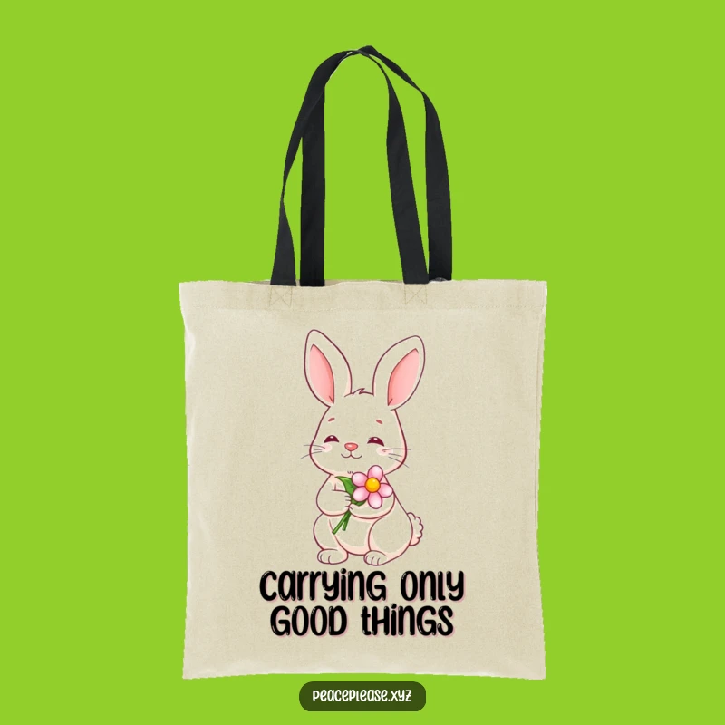 Funny Serene Bunny Tote Bag: Calm Smile with Flower, Nature's Charm
