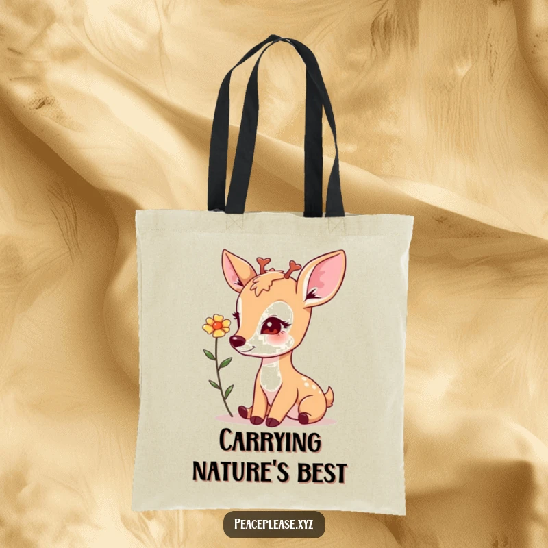 Tote bag featuring a gentle deer with a soft gaze, offering a flower, perfect for carrying essentials with style.