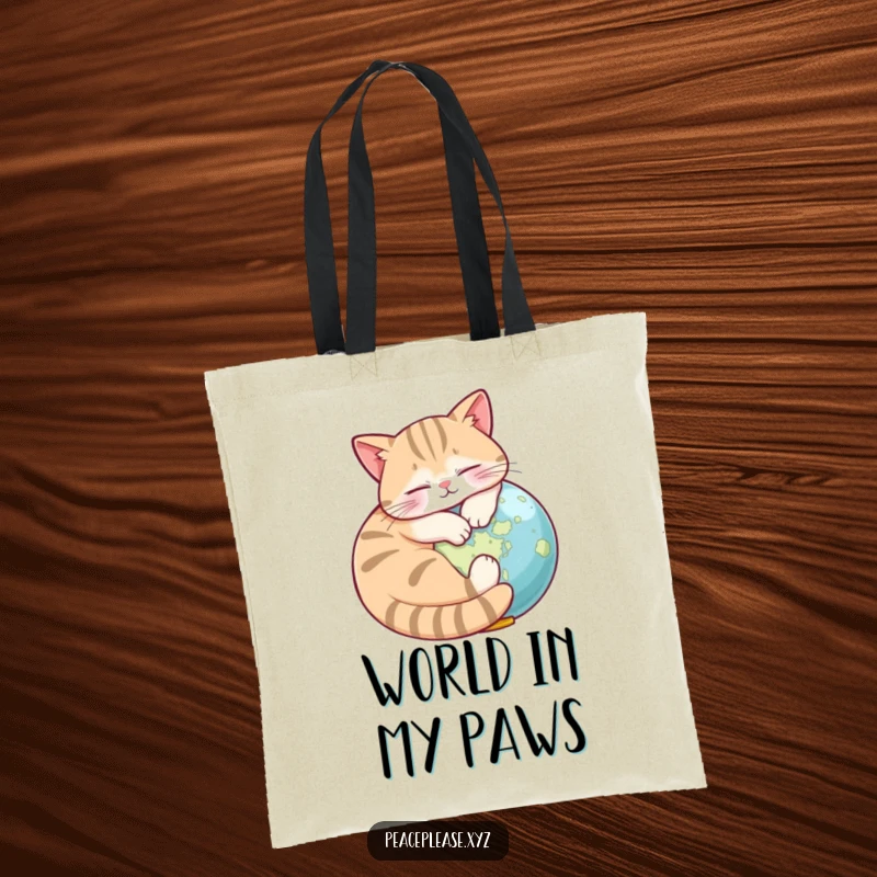 Funny Tote Bag depicting a content cat napping around a small globe, perfect for carrying dreams and necessities.